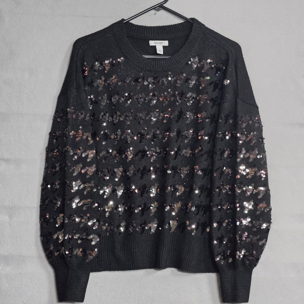Nine West Shine Crewneck Pullover Sequin Sweater Mineral Black‎ Large NWT